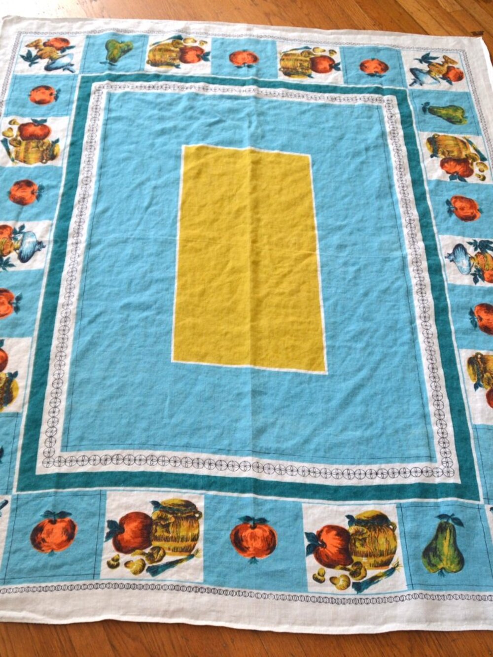 Vintage Mid-Century 100% Linen Tablecloth Fruit Turquoise Gold 57"x48" Hungary